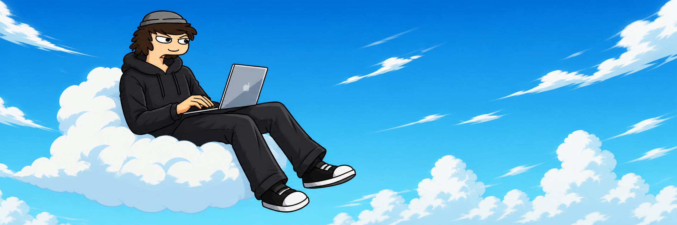Normie sitting on a cloud with a laptop in a bright sky