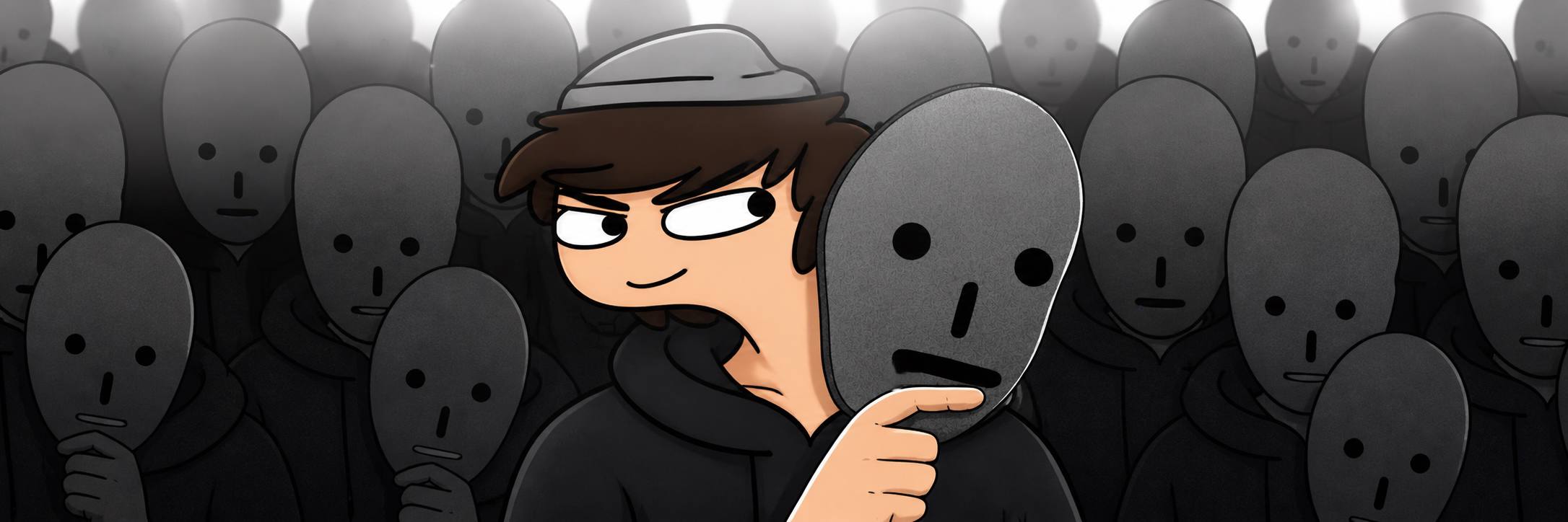Normie holding a gray mask while standing in a crowd of blank faces